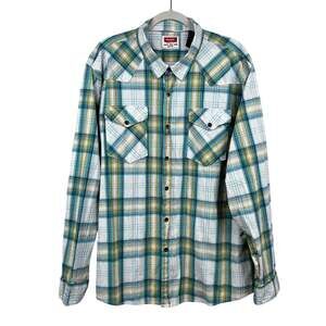 Wrangler Men's Button Up Shirt Plaid Long Sleeve Flap Pockets White Blue 2XL USA